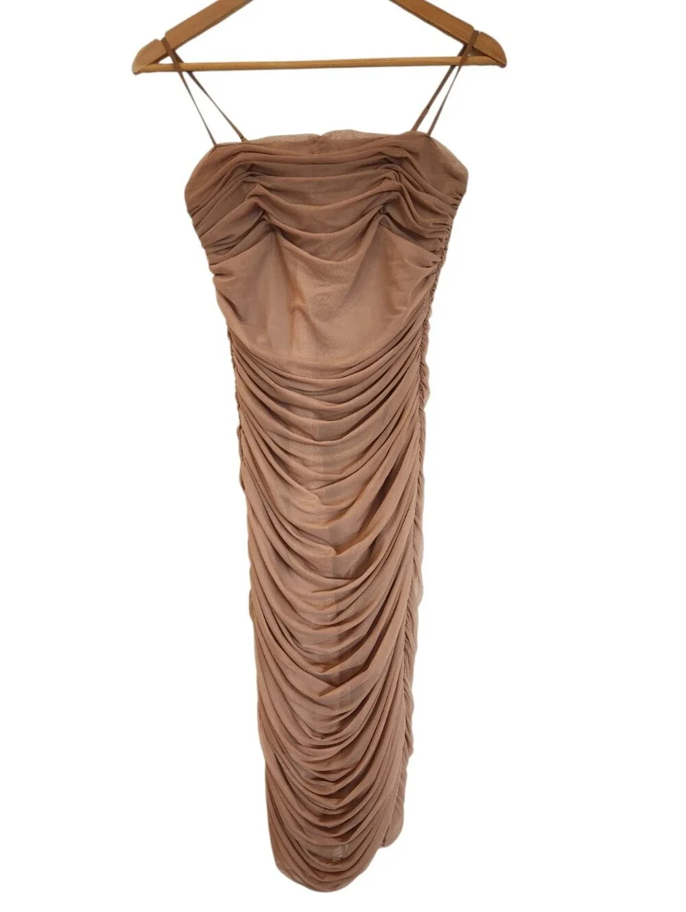 Aritzia Babaton Fabian Luxor Ruched Bodycon Dress Tan/Clay Mask Size 6 Mesh - Picture 2 of 12